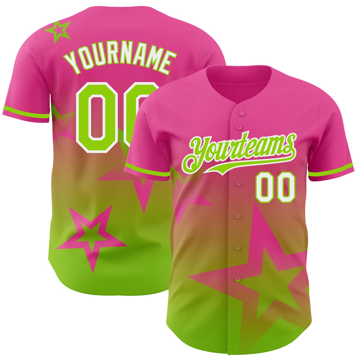 Personalized Pink Neon Green-White 3D Pattern Design Gradient Style Twinkle Star Authentic Baseball Jersey Team Custom Name and Number