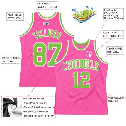 Personalized Pink Neon Green-White Authentic Throwback Basketball Jersey Team Custom Name and Number