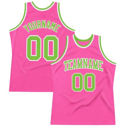 Personalized Pink Neon Green-White Authentic Throwback Basketball Jersey Team Custom Name and Number