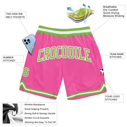 Personalized Pink Neon Green-White Authentic Throwback Basketball Shorts Team Custom Name and Number