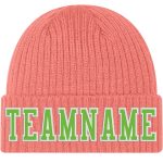 Personalized Pink Neon Green-White Stitched Cuffed Knit Hat Team Custom Name and Number