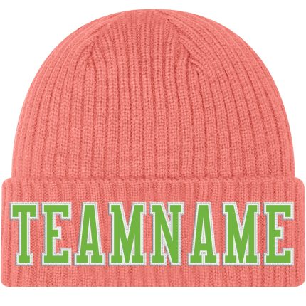 Personalized Pink Neon Green-White Stitched Cuffed Knit Hat Team Custom Name and Number