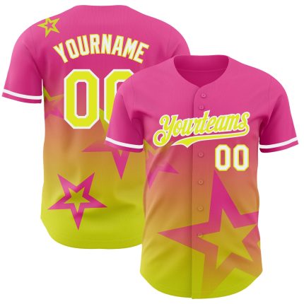 Personalized Pink Neon Yellow-White 3D Pattern Design Gradient Style Twinkle Star Authentic Baseball Jersey Team Custom Name and Number