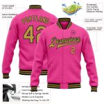Personalized Pink Old Gold-Black Bomber Full-Snap Varsity Letterman Jacket Team Custom Name and Number