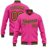 Personalized Pink Old Gold-Black Bomber Full-Snap Varsity Letterman Jacket Team Custom Name and Number