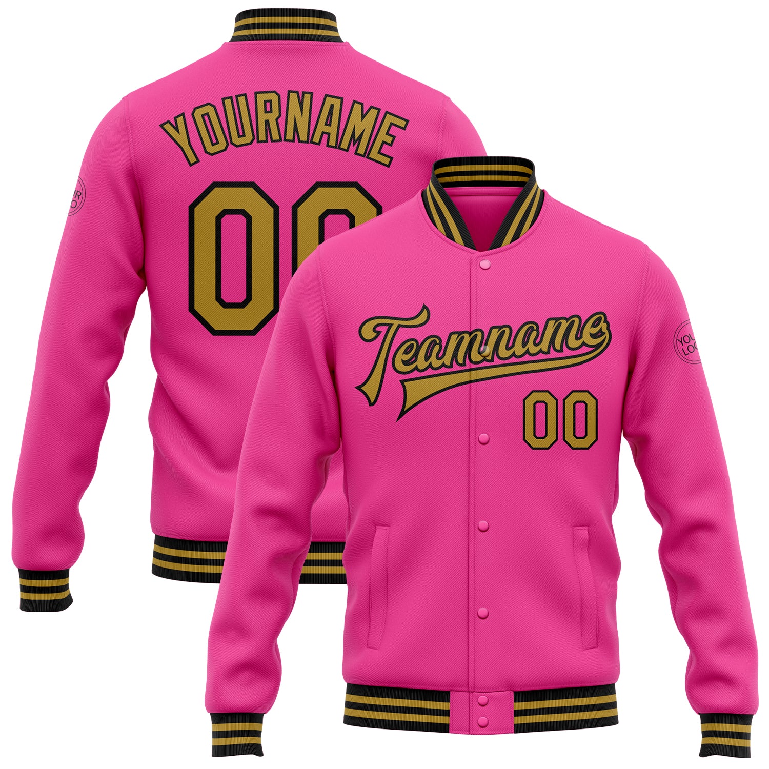 Personalized Pink Old Gold-Black Bomber Full-Snap Varsity Letterman Jacket Team Custom Name and Number