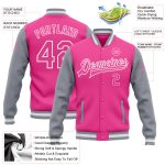 Personalized Pink Pink Gray-White Bomber Full-Snap Varsity Letterman Two Tone Jacket Team Custom Name and Number