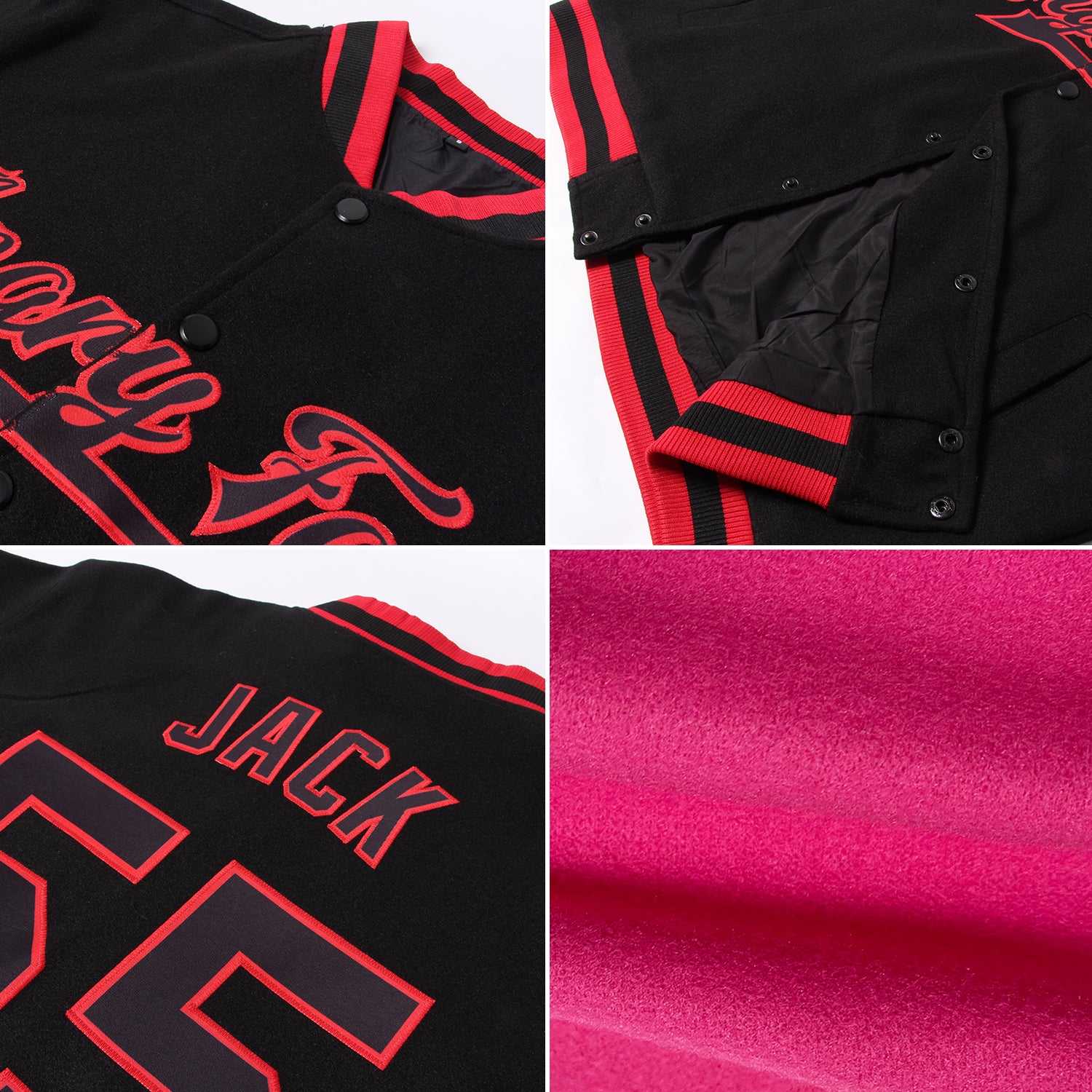 Personalized Pink Pink-White Bomber Full-Snap Varsity Letterman Split Fashion Jacket Team Custom Name and Number Personalized Pink Pink-White Bomber Full-Snap Varsity Letterman Split Fashion Jacket Team Custom Name and Number - Image 2