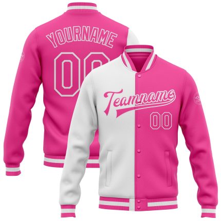 Personalized Pink Pink-White Bomber Full-Snap Varsity Letterman Split Fashion Jacket Team Custom Name and Number