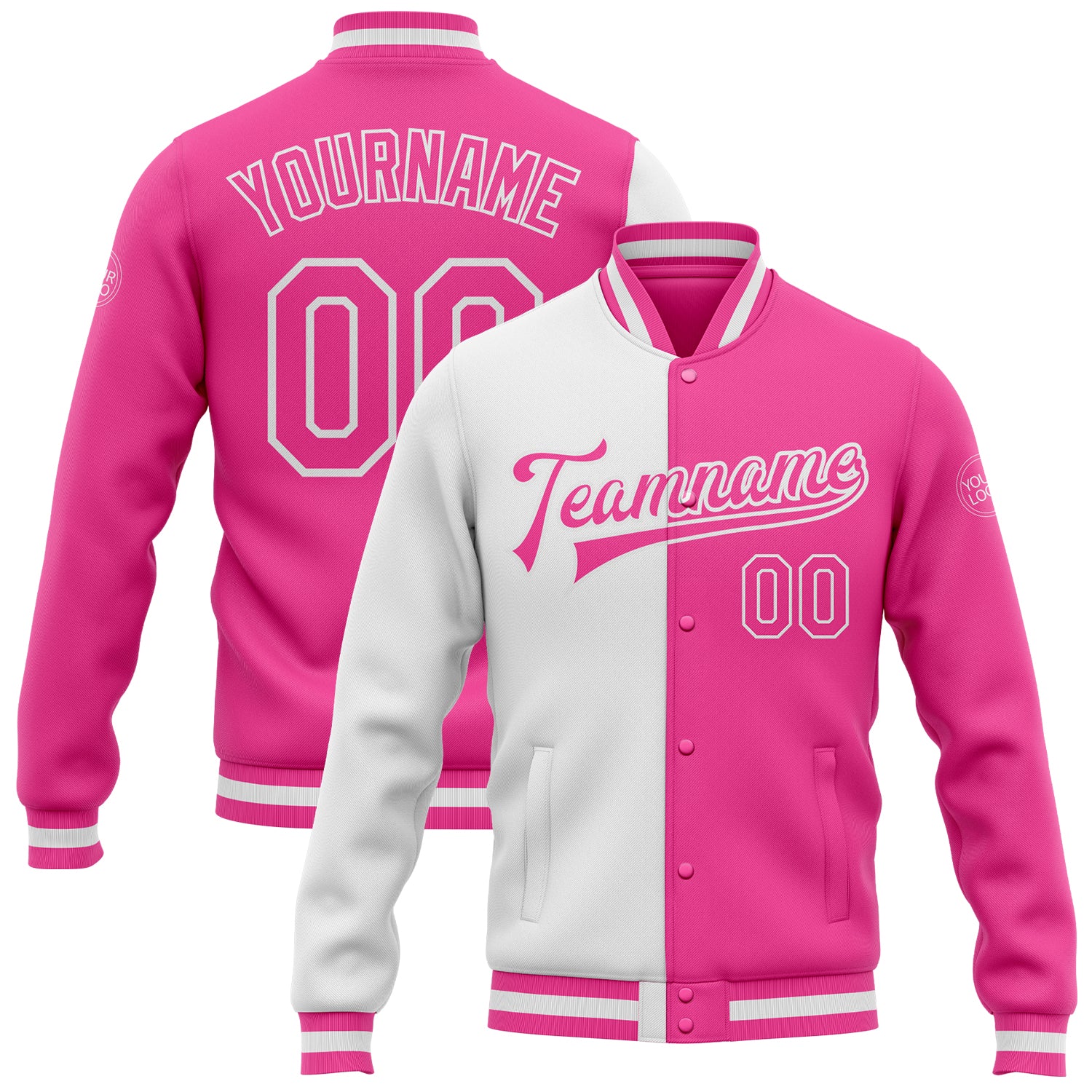 Personalized Pink Pink-White Bomber Full-Snap Varsity Letterman Split Fashion Jacket Team Custom Name and Number