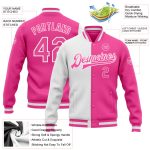 Personalized Pink Pink-White Bomber Full-Snap Varsity Letterman Split Fashion Jacket Team Custom Name and Number