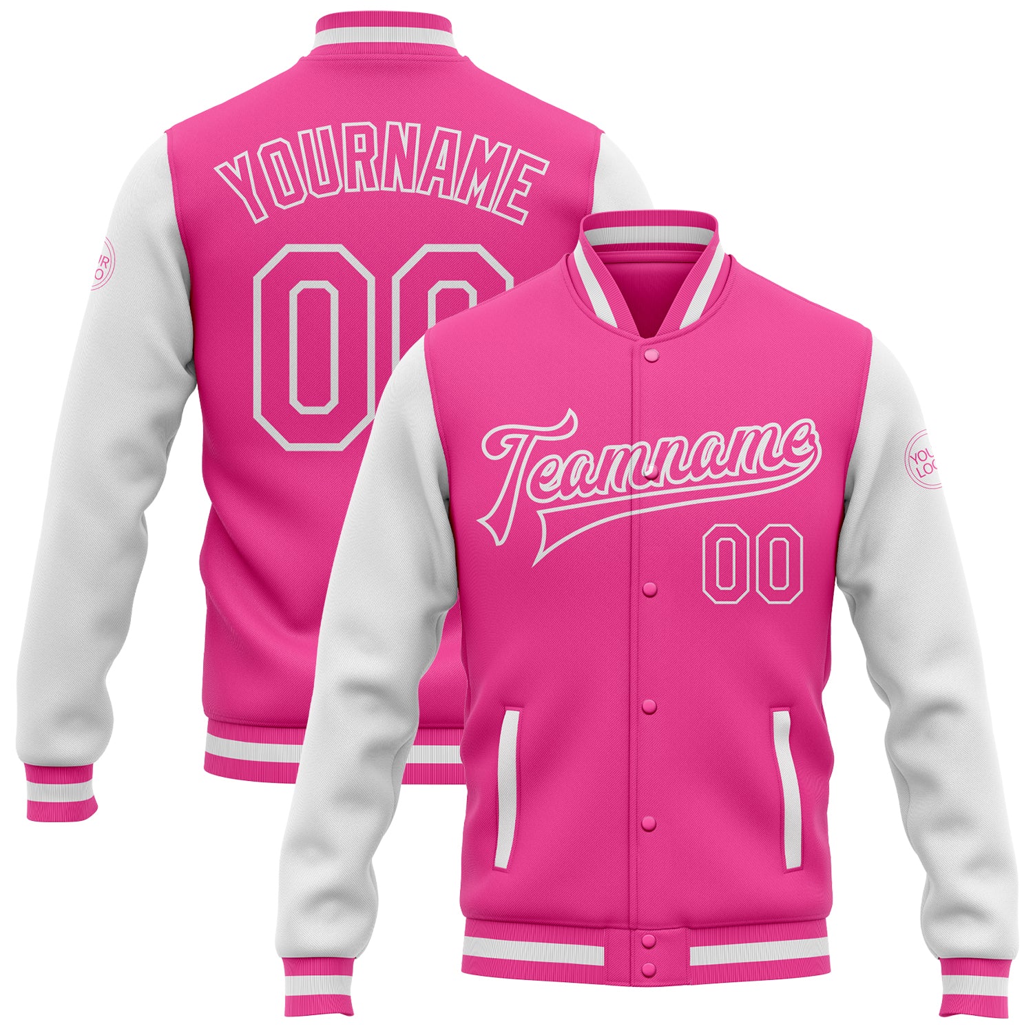 Personalized Pink Pink-White Bomber Full-Snap Varsity Letterman Two Tone Jacket Team Custom Name and Number
