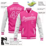 Personalized Pink Pink-White Bomber Full-Snap Varsity Letterman Two Tone Jacket Team Custom Name and Number
