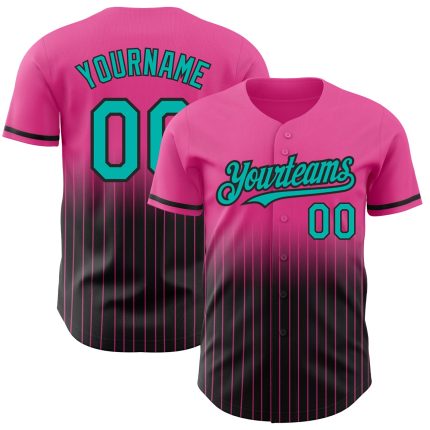 Personalized Pink Pinstripe Aqua-Black Authentic Fade Fashion Baseball Jersey Team Custom Name and Number