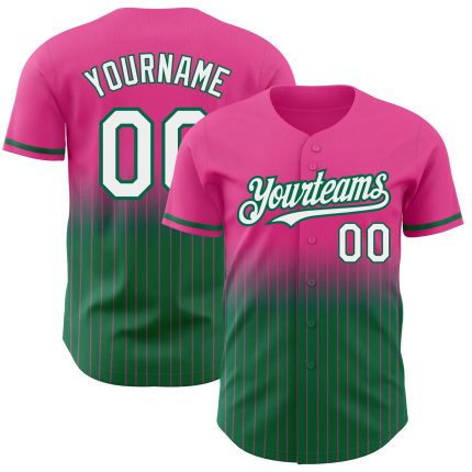 Personalized Pink Pinstripe White-Kelly Green Authentic Fade Fashion Baseball Jersey Team Custom Name and Number