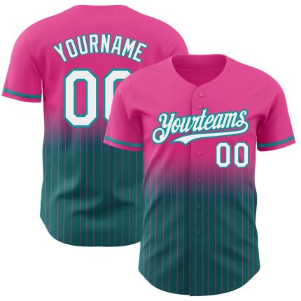 Personalized Pink Pinstripe White-Teal Authentic Fade Fashion Baseball Jersey Team Custom Name and Number