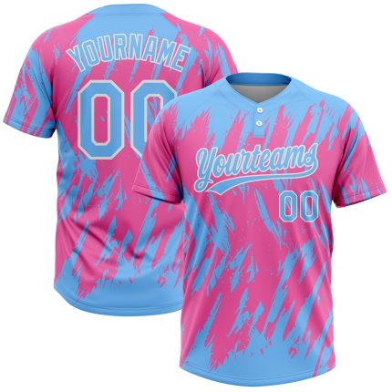 Personalized Pink Powder Blue-White 3D Pattern Two-Button Unisex Softball Jersey Team Custom Name and Number