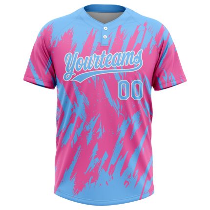 Personalized Pink Powder Blue-White 3D Pattern Two-Button Unisex Softball Jersey Team Custom Name and Number