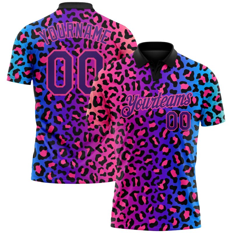 Personalized Pink Purple-Black 3D Pattern Design Leopard Print Performance Golf Polo Shirt Team Custom Name and Number