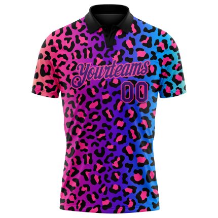 Personalized Pink Purple-Black 3D Pattern Design Leopard Print Performance Golf Polo Shirt Team Custom Name and Number