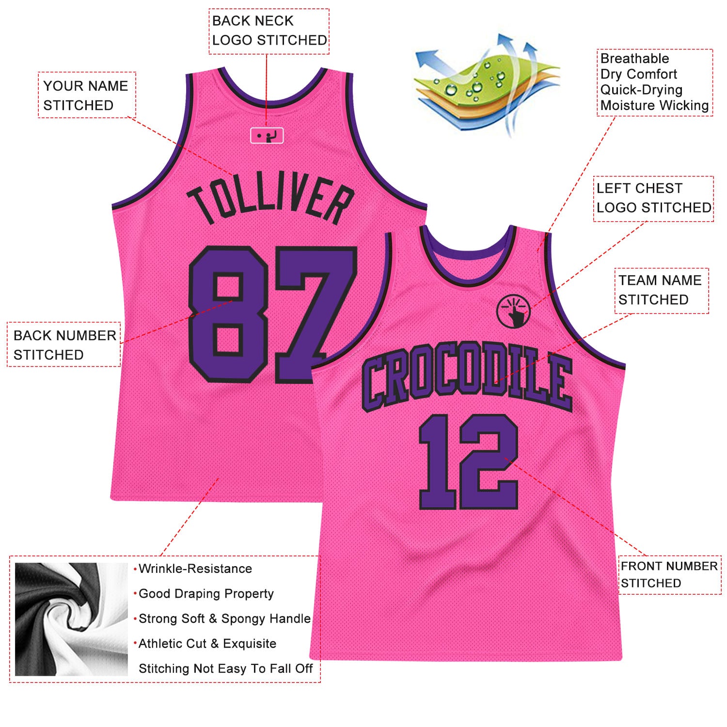 Personalized Pink Purple-Black Authentic Throwback Basketball Jersey Team Custom Name and Number Personalized Pink Purple-Black Authentic Throwback Basketball Jersey Team Custom Name and Number - Image 2