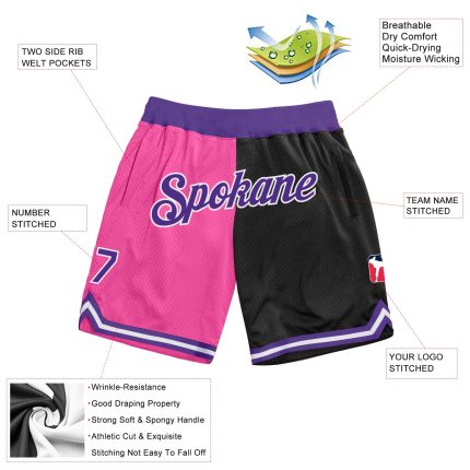 Personalized Pink Purple-Black Authentic Throwback Split Fashion Basketball Shorts Team Custom Name and Number