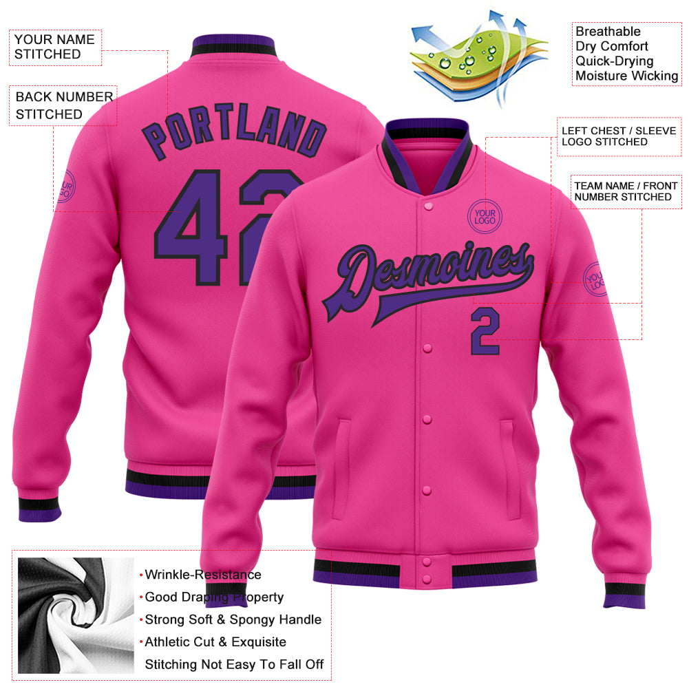 Personalized Pink Purple-Black Bomber Full-Snap Varsity Letterman Jacket Team Custom Name and Number Personalized Pink Purple-Black Bomber Full-Snap Varsity Letterman Jacket Team Custom Name and Number - Image 3