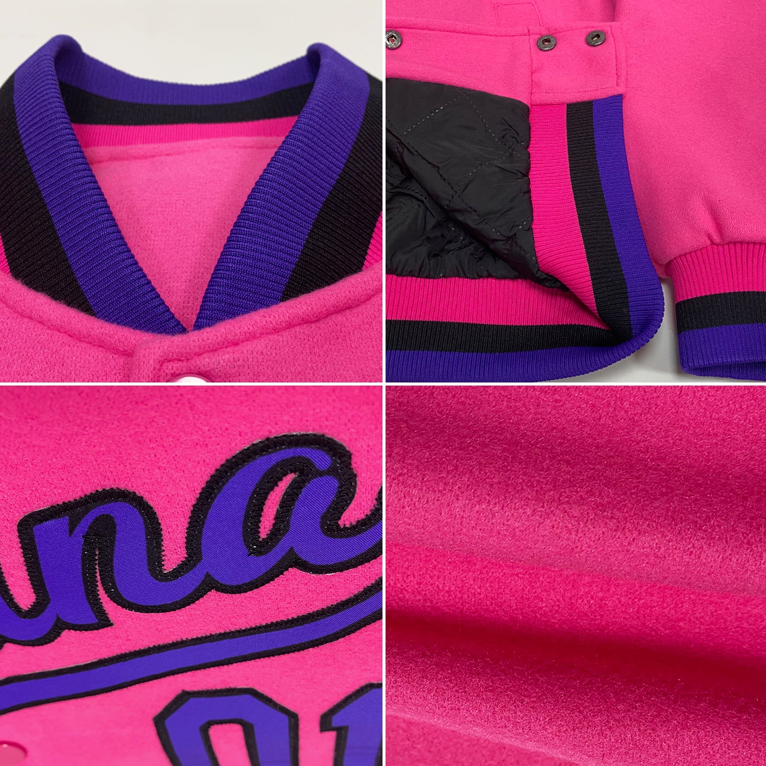 Personalized Pink Purple-Black Bomber Full-Snap Varsity Letterman Jacket Team Custom Name and Number Personalized Pink Purple-Black Bomber Full-Snap Varsity Letterman Jacket Team Custom Name and Number - Image 2