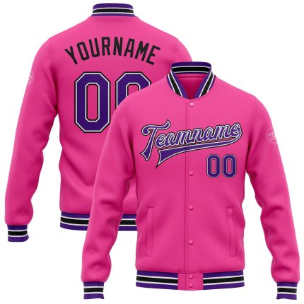 Personalized Pink Purple-Black Bomber Full-Snap Varsity Letterman Jacket