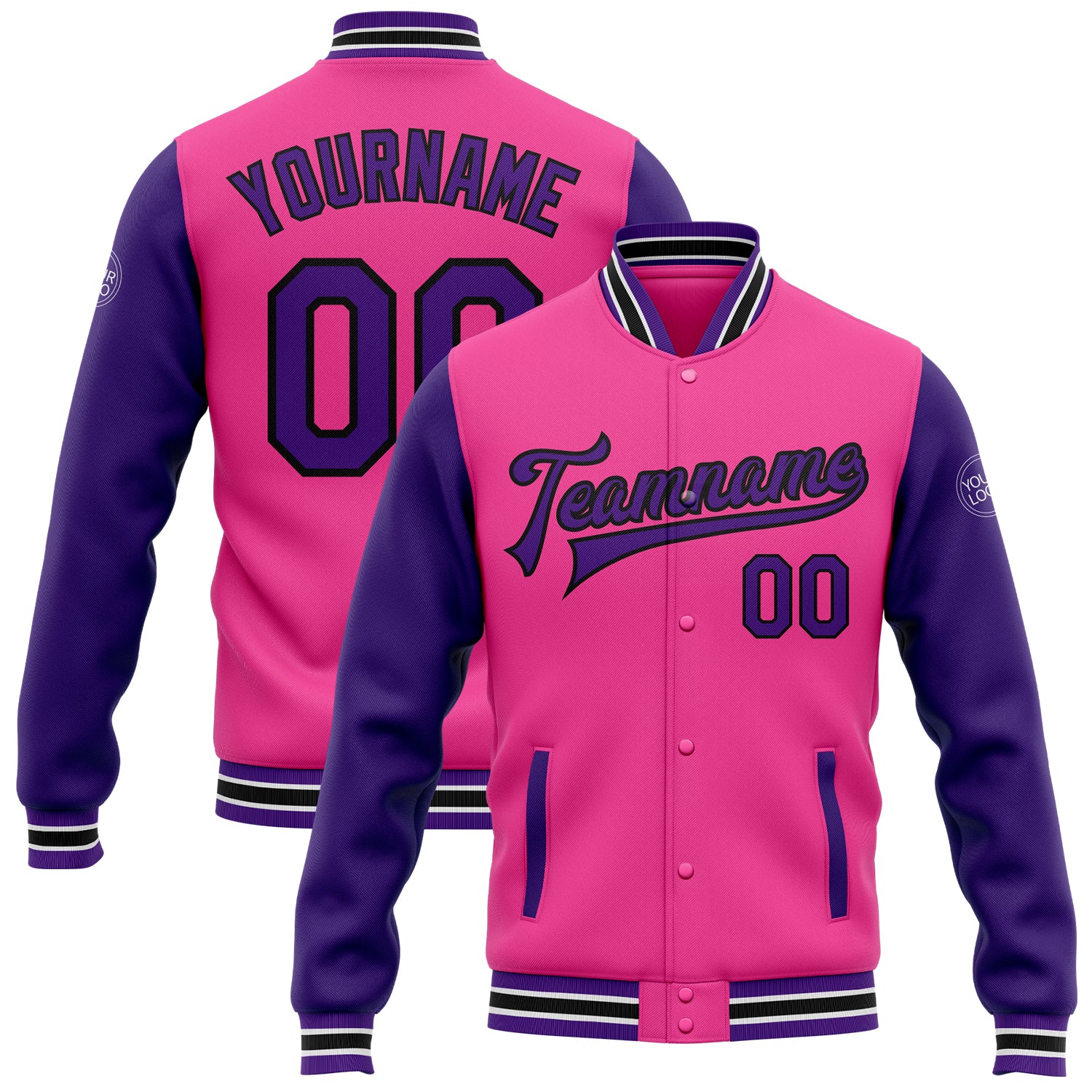 Personalized Pink Purple-Black Bomber Full-Snap Varsity Letterman Two Tone Jacket Team Custom Name and Number