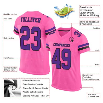 Personalized Pink Purple-Black Mesh Authentic Football Jersey Team Custom Name and Number