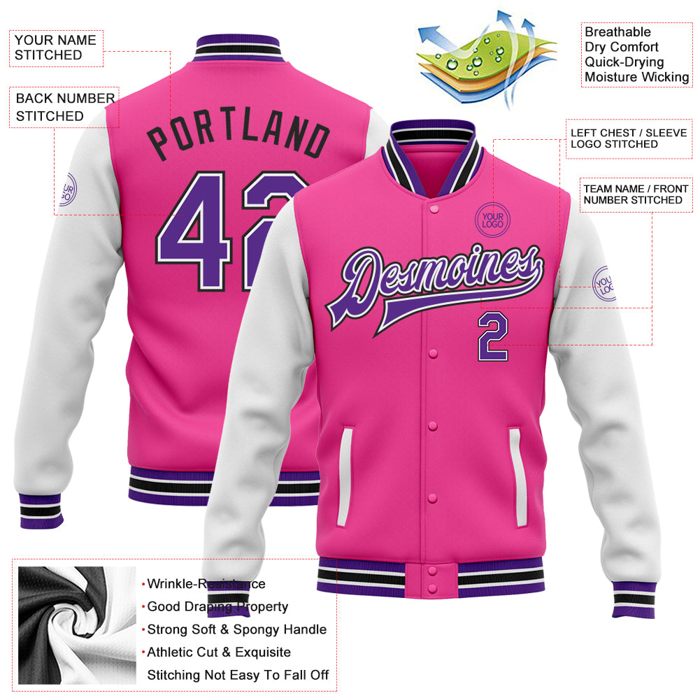 Personalized Pink Purple White-Black Bomber Full-Snap Varsity Letterman Two Tone Jacket Team Custom Name and Number Personalized Pink Purple White-Black Bomber Full-Snap Varsity Letterman Two Tone Jacket Team Custom Name and Number - Image 3