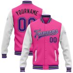 Personalized Pink Purple White-Black Bomber Full-Snap Varsity Letterman Two Tone Jacket Team Custom Name and Number