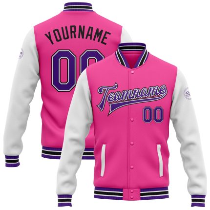 Personalized Pink Purple White-Black Bomber Full-Snap Varsity Letterman Two Tone Jacket Team Custom Name and Number