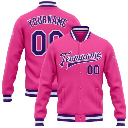 Personalized Pink Purple-White Bomber Full-Snap Varsity Letterman Jacket Team Custom Name and Number