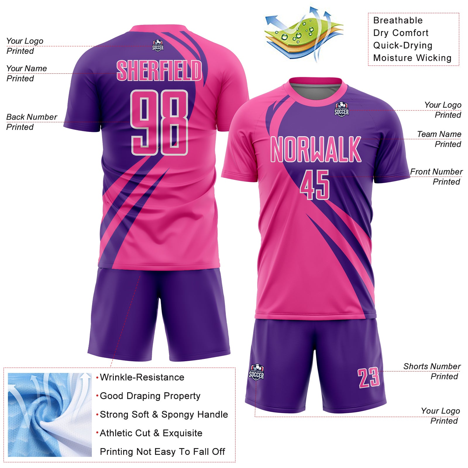 Personalized Pink Purple-White Curve Lines Sublimation Soccer Uniform Jersey Team Custom Name and Number Personalized Pink Purple-White Curve Lines Sublimation Soccer Uniform Jersey Team Custom Name and Number - Image 4