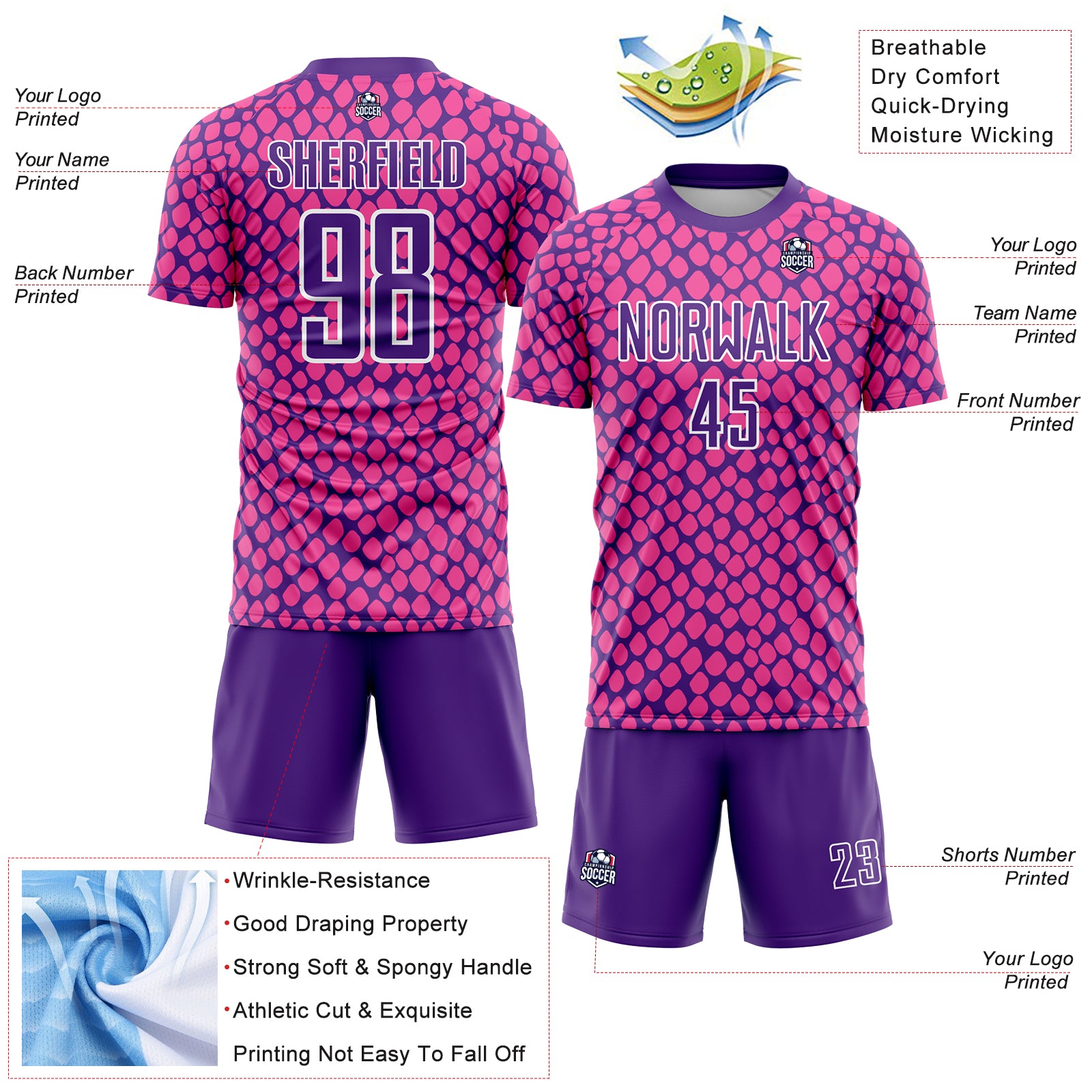 Personalized Pink Purple-White Snake Skin Sublimation Soccer Uniform Jersey Team Custom Name and Number Personalized Pink Purple-White Snake Skin Sublimation Soccer Uniform Jersey Team Custom Name and Number - Image 4