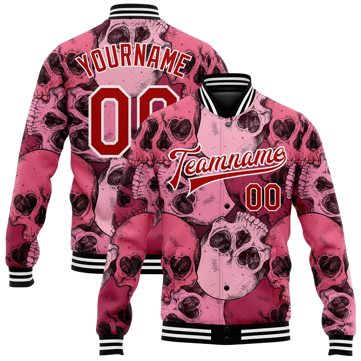 Personalized Pink Red-White Skull With Heart Shaped Eyes 3D Bomber Full-Snap Varsity Letterman Jacket Team Custom Name and Number