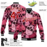 Personalized Pink Red-White Skull With Heart Shaped Eyes 3D Bomber Full-Snap Varsity Letterman Jacket Team Custom Name and Number