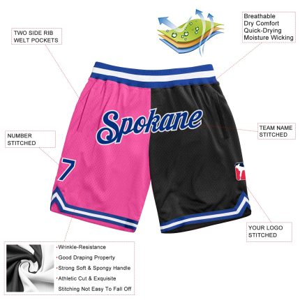 Personalized Pink Royal-Black Authentic Throwback Split Fashion Basketball Shorts Team Custom Name and Number