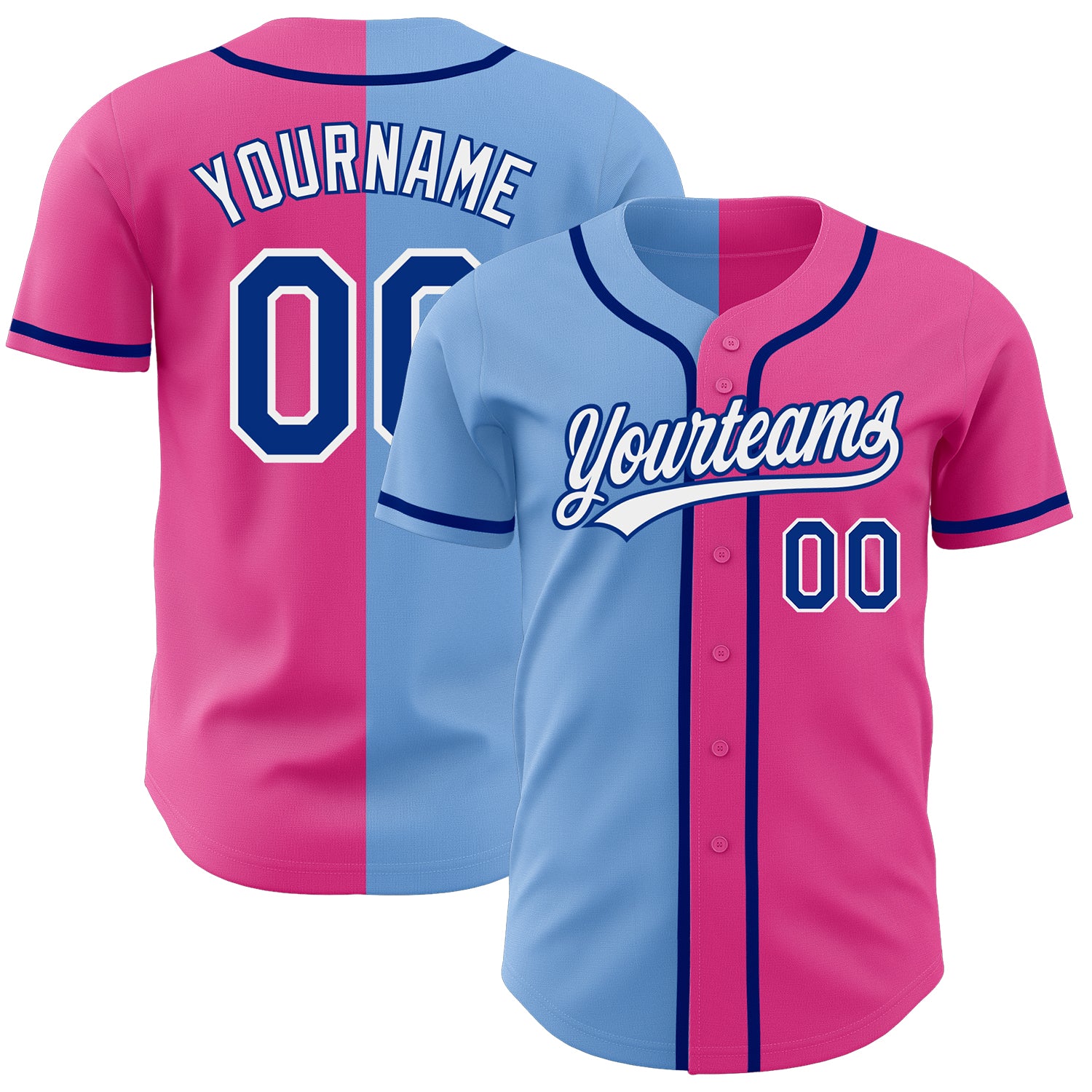 Personalized Pink Royal-Light Blue Authentic Split Fashion Baseball Jersey