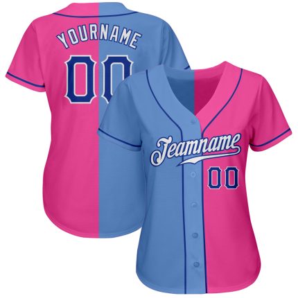 Personalized Pink Royal-Light Blue Authentic Split Fashion Baseball Jersey Team Custom Name and Number