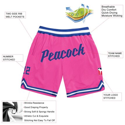Personalized Pink Royal-White Authentic Throwback Basketball Shorts Team Custom Name and Number
