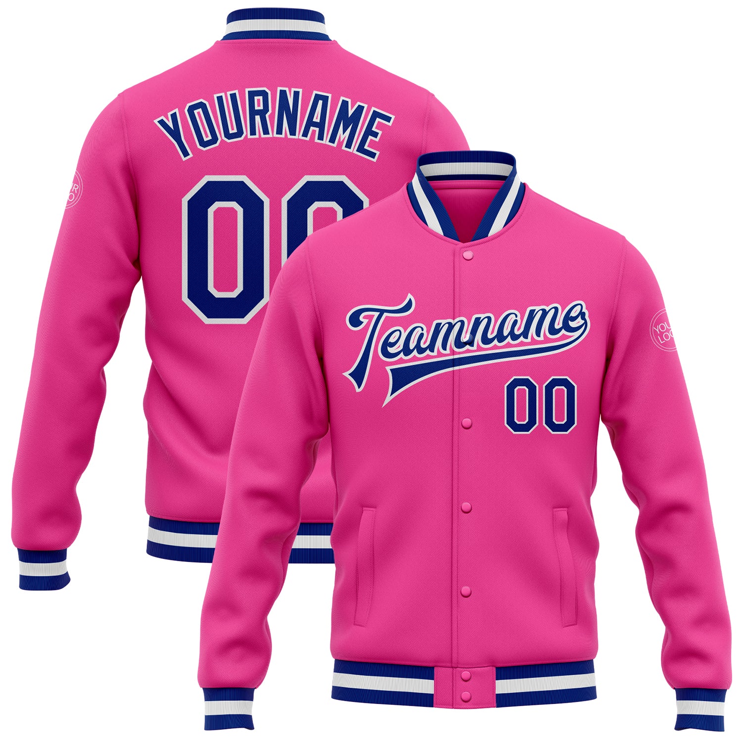 Personalized Pink Royal-White Bomber Full-Snap Varsity Letterman Jacket Team Custom Name and Number