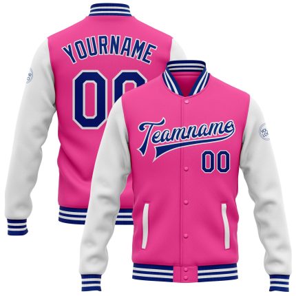 Personalized Pink Royal-White Bomber Full-Snap Varsity Letterman Two Tone Jacket