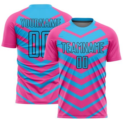 Personalized Pink Sky Blue-Black Arrow Shapes Sublimation Soccer Uniform Jersey Team Custom Name and Number