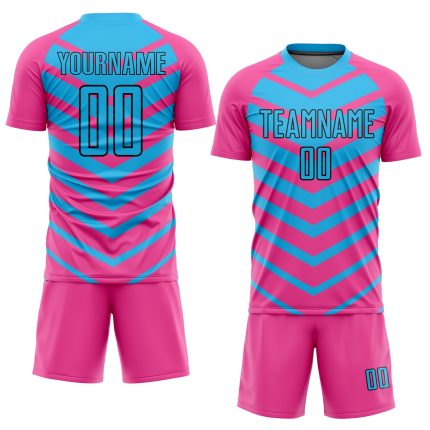 Personalized Pink Sky Blue-Black Arrow Shapes Sublimation Soccer Uniform Jersey Team Custom Name and Number