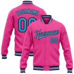Personalized Pink Sky Blue-Black Bomber Full-Snap Varsity Letterman Jacket Team Custom Name and Number