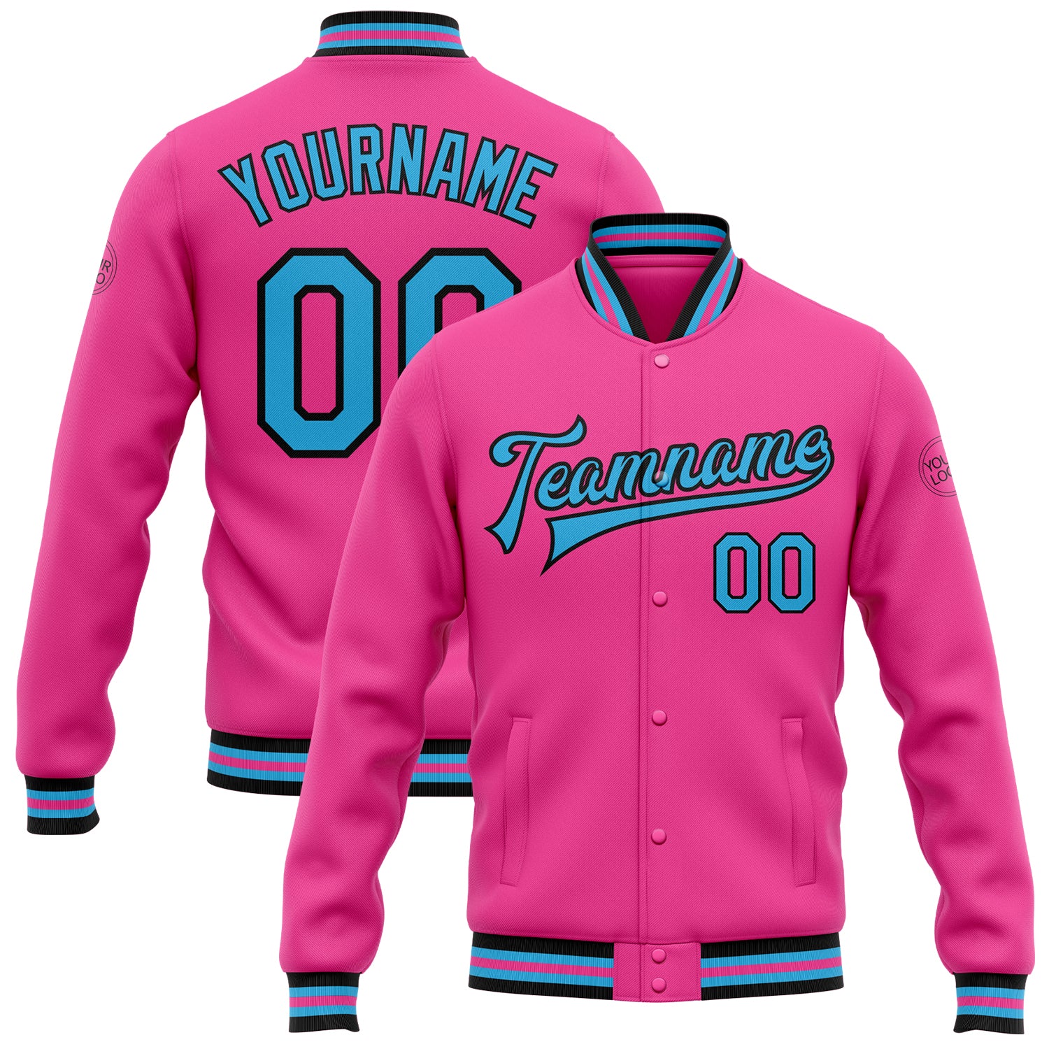 Personalized Pink Sky Blue-Black Bomber Full-Snap Varsity Letterman Jacket Team Custom Name and Number