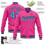 Personalized Pink Sky Blue-Black Bomber Full-Snap Varsity Letterman Jacket Team Custom Name and Number